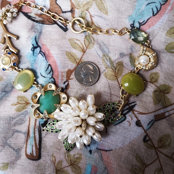 Brushed Gold Faux Pearls Cluster Ocean Theme Encrusted Stone Statement Necklace - Picture 9 of 15